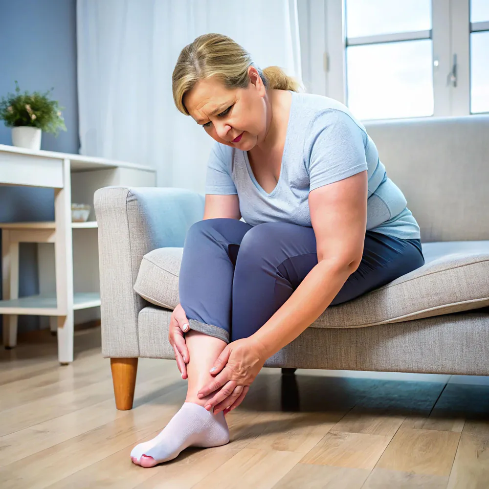 Illustration of a person looking at their swollen, uncomfortable feet and ankles