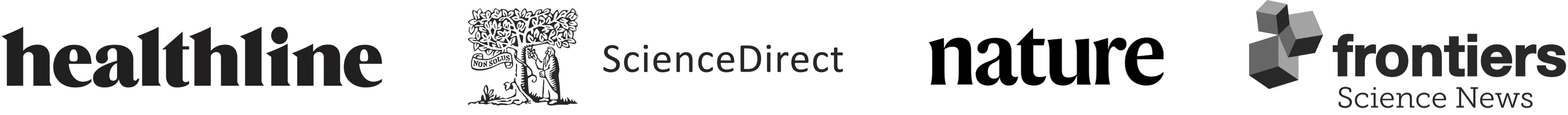 Logos of trusted scientific sources like Healthline, ScienceDirect, Nature, and Frontiers